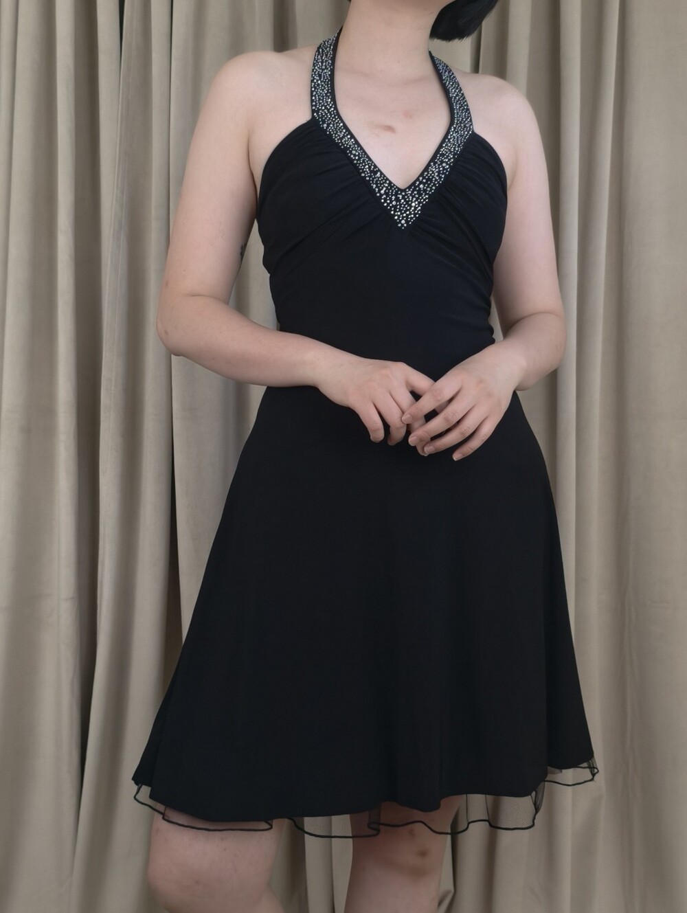 Vintage Betsy & Adam Black Halter V-Neck Embellished Open Back Evening Dress